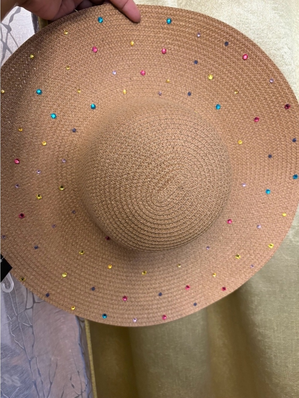 Embellished Tan Straw Wide-Brim Sun Hat with Multicolor Gems